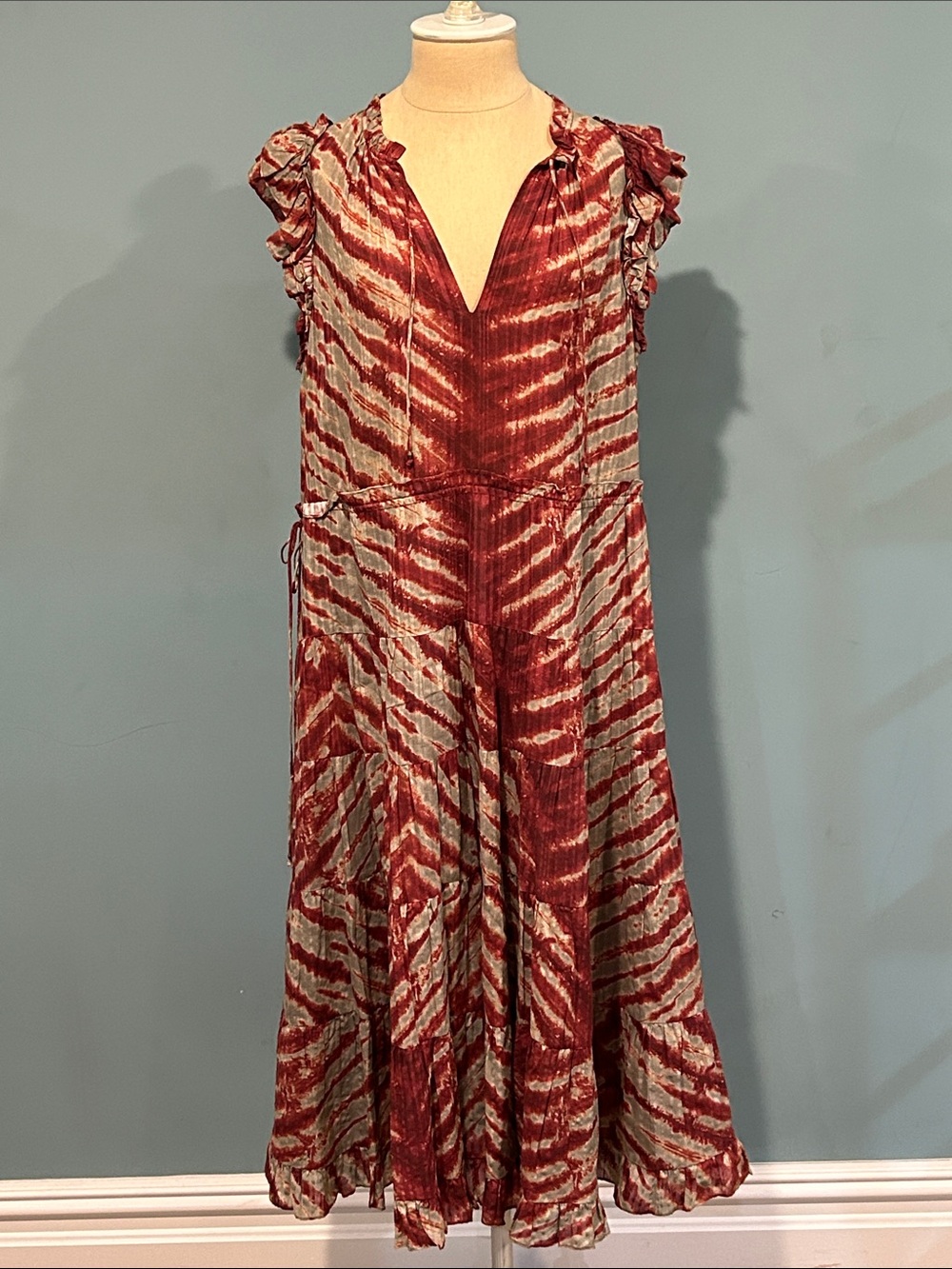 Ulla Johnson Pilar Midi Dress Canyon Tie-Dye sz 10 Red Gray Ruffle Tiered